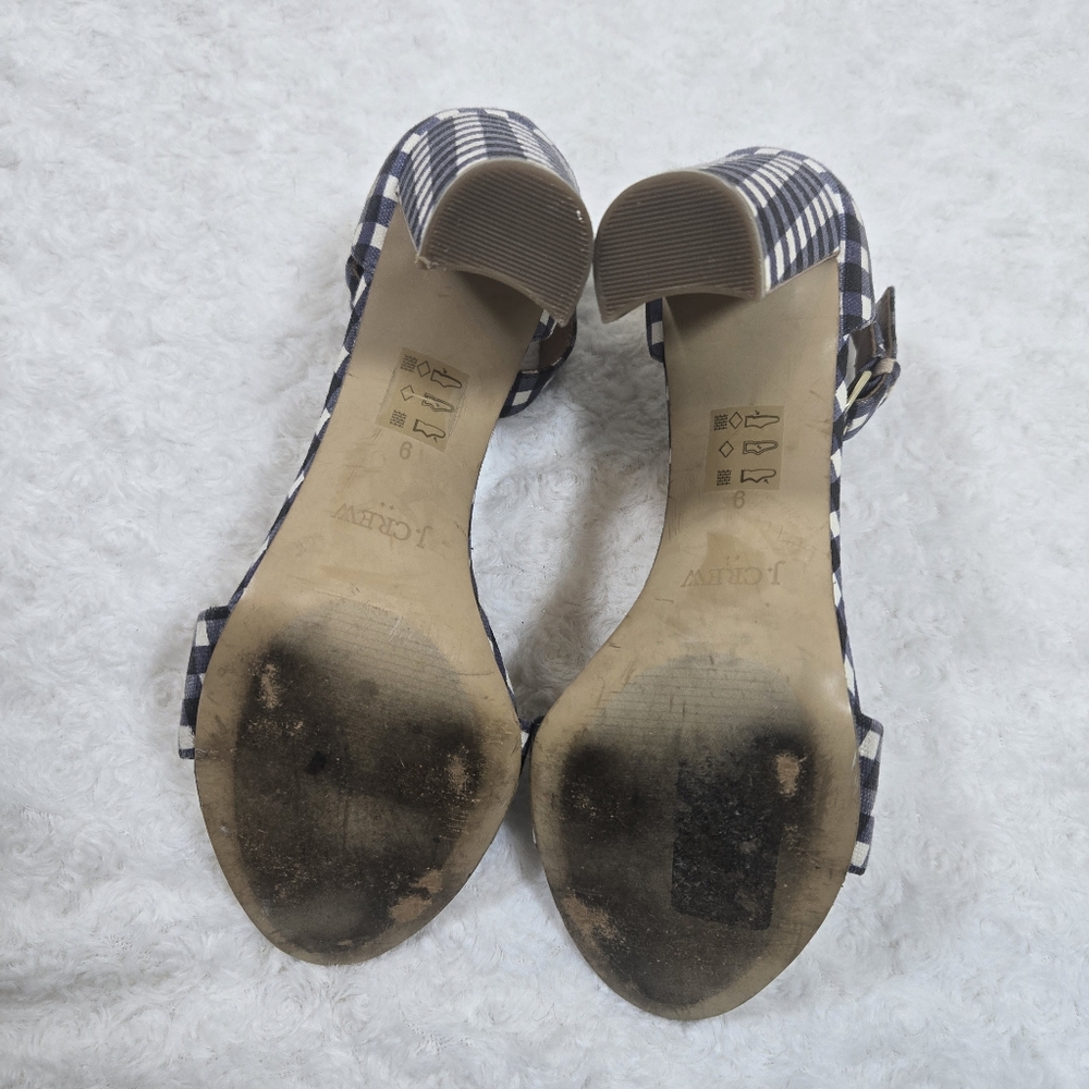 J Crew Gingham Heels Retro Chunky Ankle Strap Blue White Plaid - Picture 6 of 6